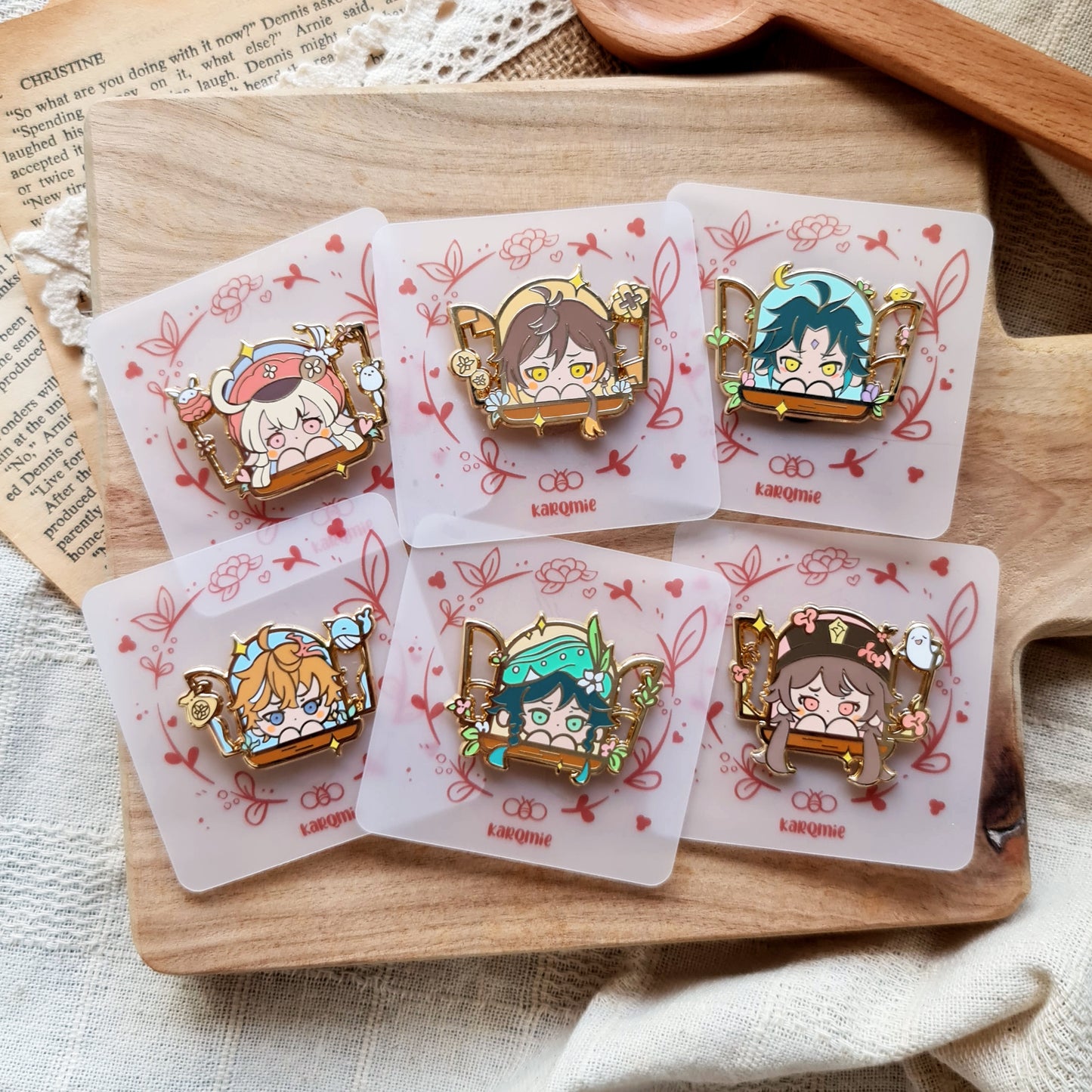 Genshin Hello Traveller! Clear Resin Enamel Pin Set | Zhongli Childe Klee Xiao Venti Hutao
