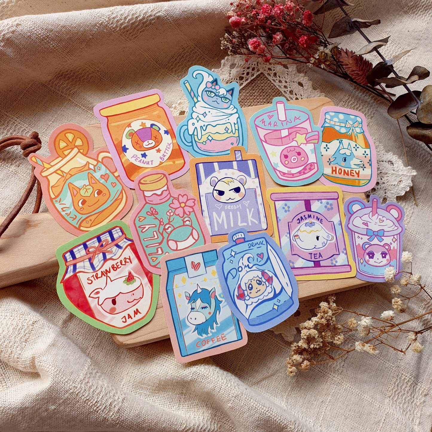 Animal Crossing Sticker Pack Cute Villagers Tea Jam & Drinks Dom Judy Raymond Marshal Merengue Lily Stitches Marina Tangy Skye Julian Tia