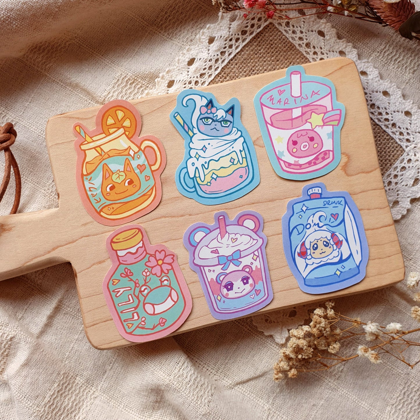 Animal Crossing Sticker Pack Cute Villagers Tea Jam & Drinks Dom Judy Raymond Marshal Merengue Lily Stitches Marina Tangy Skye Julian Tia