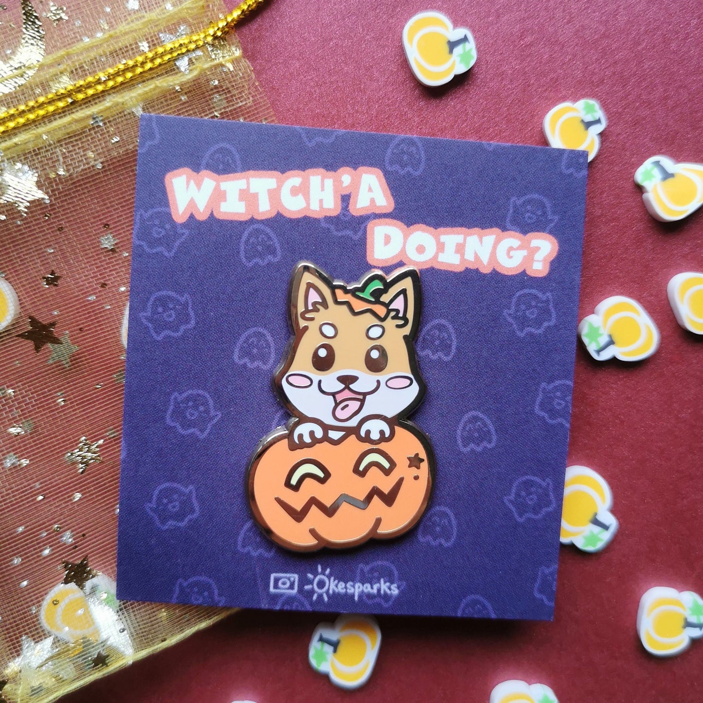 Witch'a Doing Halloween Shiba Inu & Cat Enamel Pins
